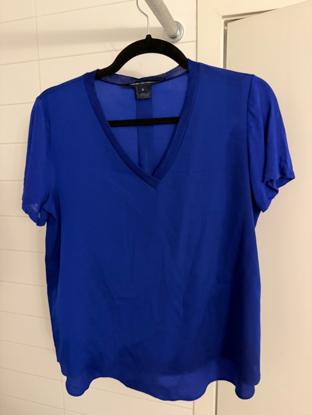 French Connection Cobalt V-Neck Short Sleeve Blouse